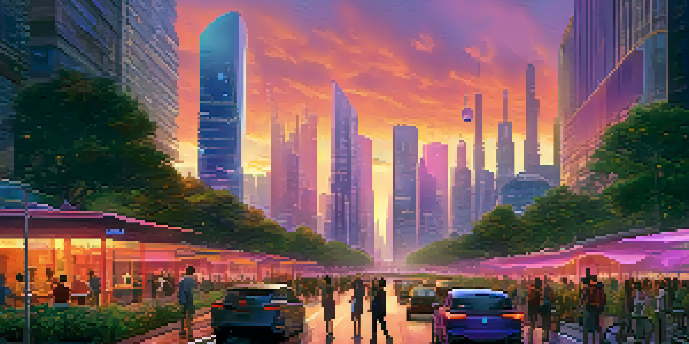 A vibrant sunset over a futuristic city skyline with skyscrapers, people on the streets, and green parks.