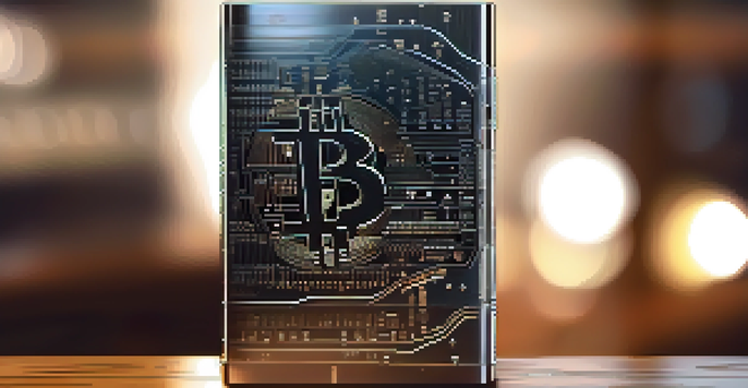 A hardware wallet on a wooden desk with a Bitcoin logo in the background.