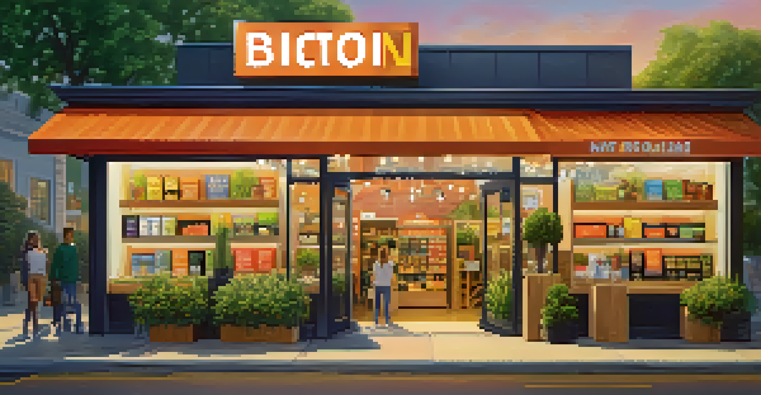 A retail store with a sign that says 'Now Accepting Bitcoin' and customers entering the store.