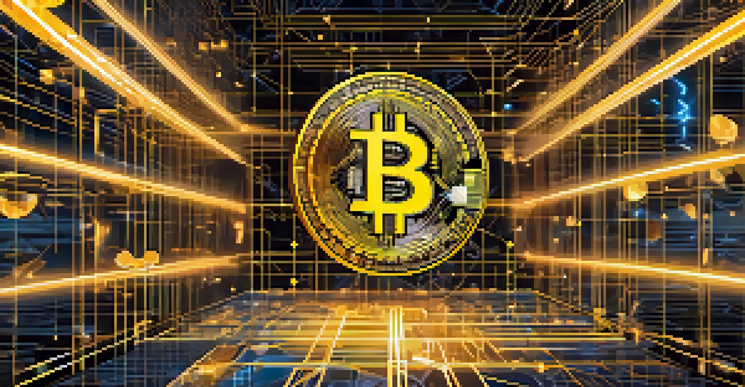 A golden Bitcoin coin floating above a digital landscape with blockchain elements and glowing lines.