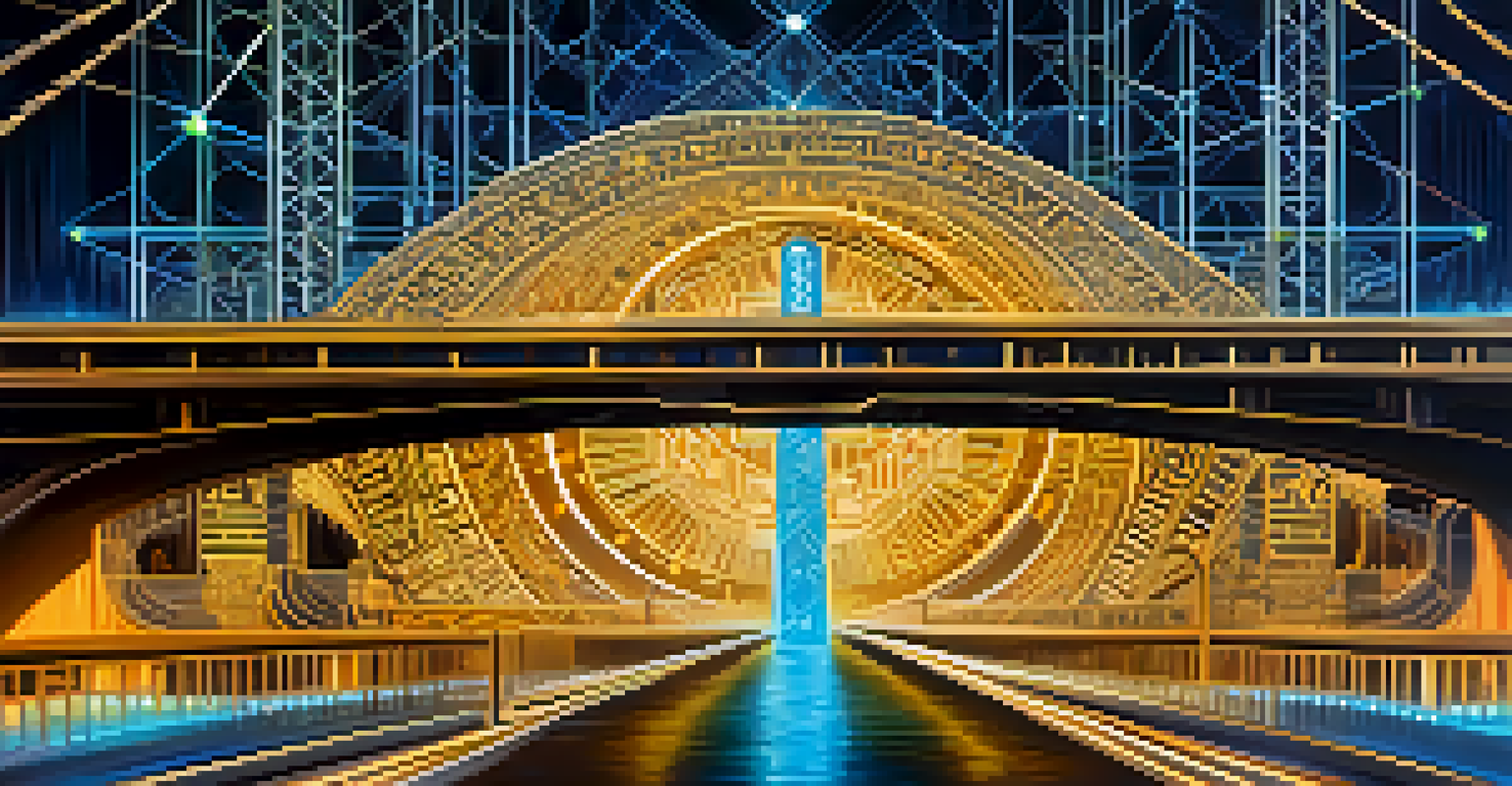 An abstract image showing Bitcoin as a bridge connecting two colorful blockchain realms, with glowing patterns illustrating asset transfers.