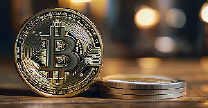 A vintage Bitcoin coin on a wooden table with soft light and blurred Magic: The Gathering cards in the background.