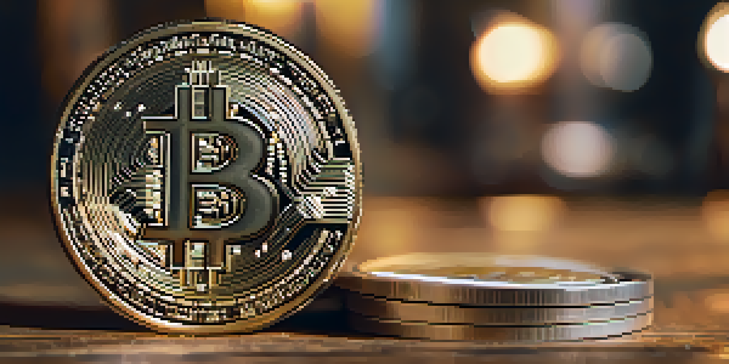 A vintage Bitcoin coin on a wooden table with soft light and blurred Magic: The Gathering cards in the background.