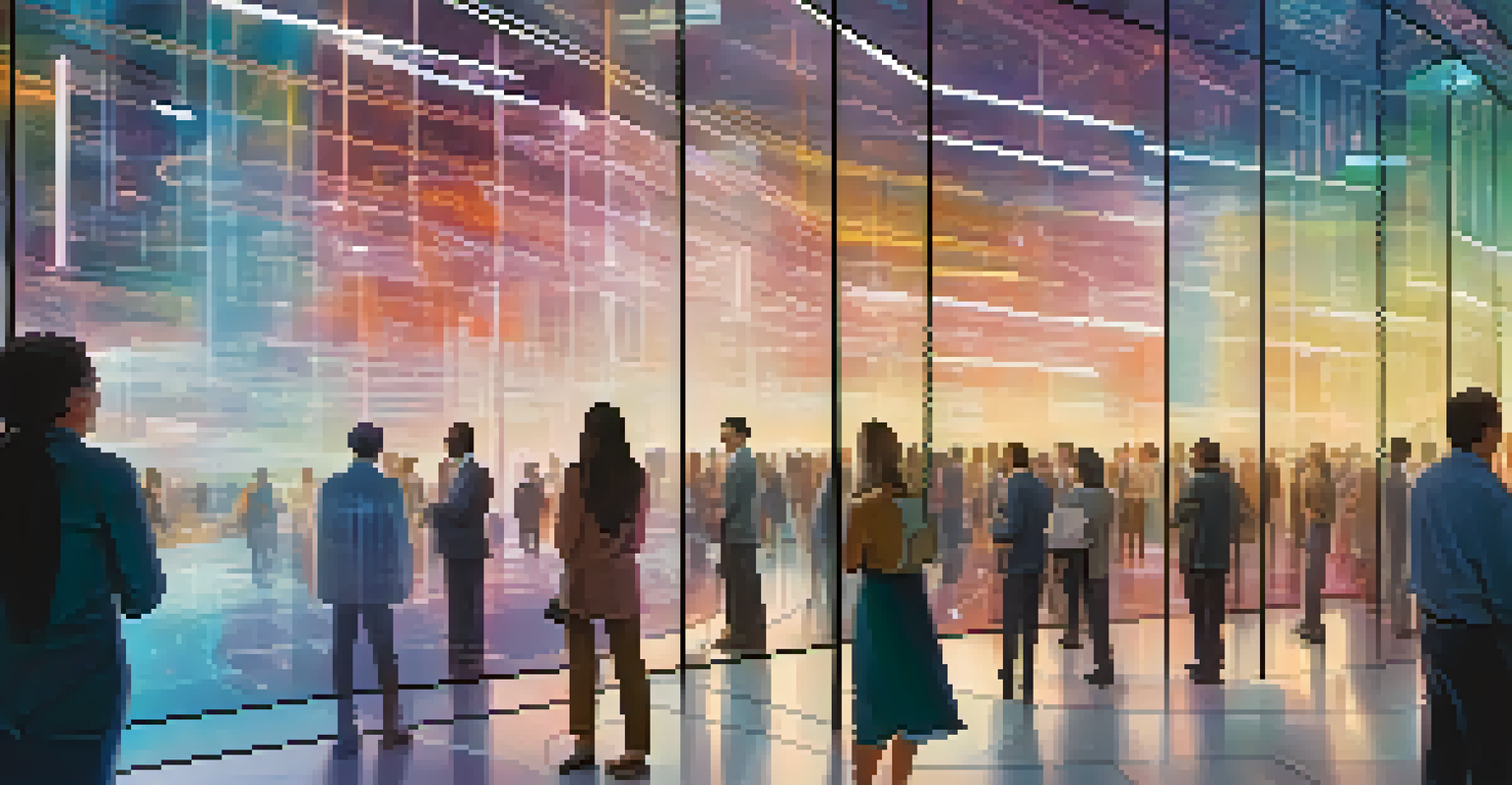 An abstract image of a glass wall displaying digital transactions with people observing, symbolizing trust and transparency in decentralized finance.
