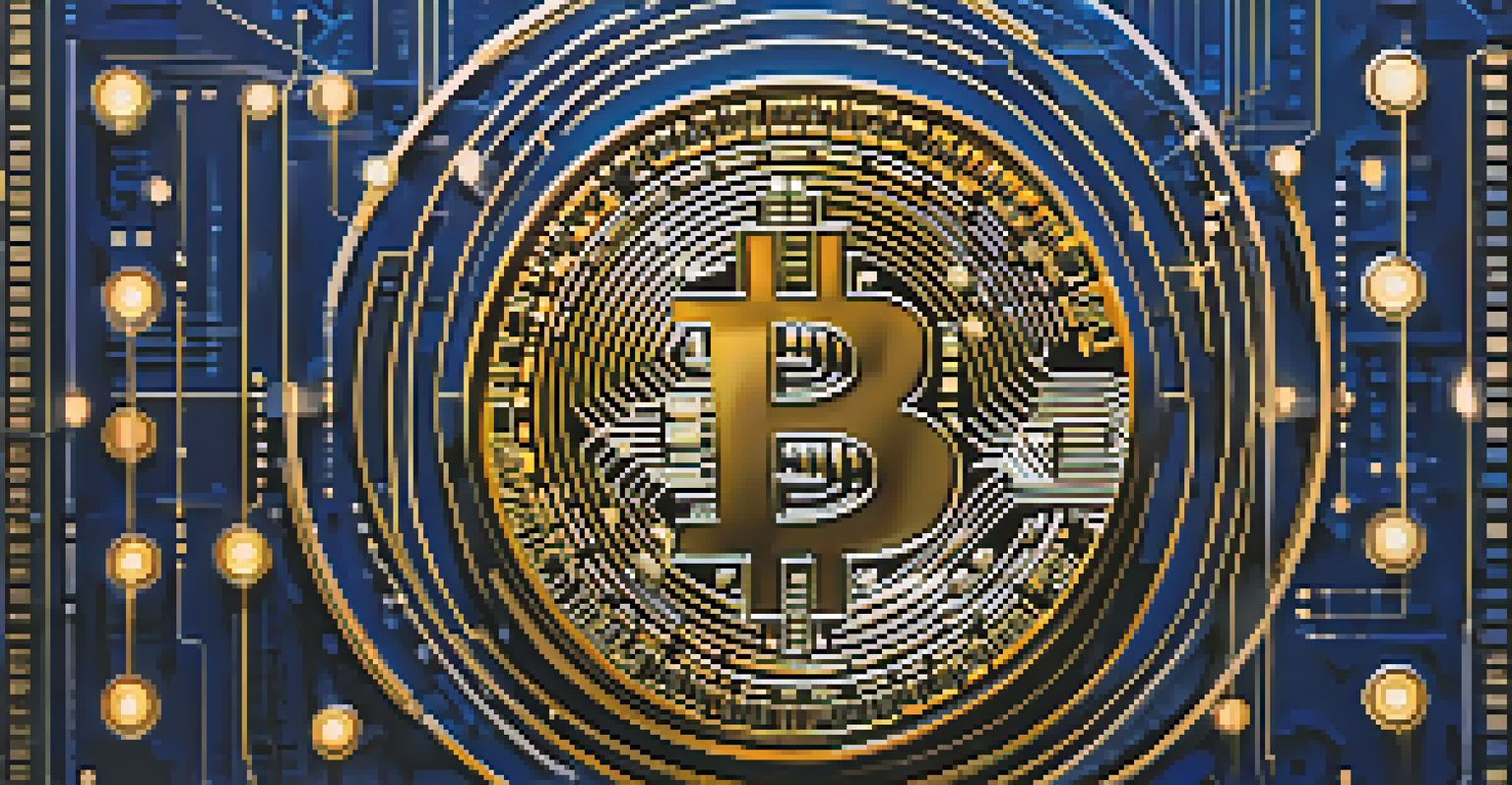 An abstract image of a Bitcoin symbol glowing in gold, surrounded by binary code and interconnected lines against a dark blue background.