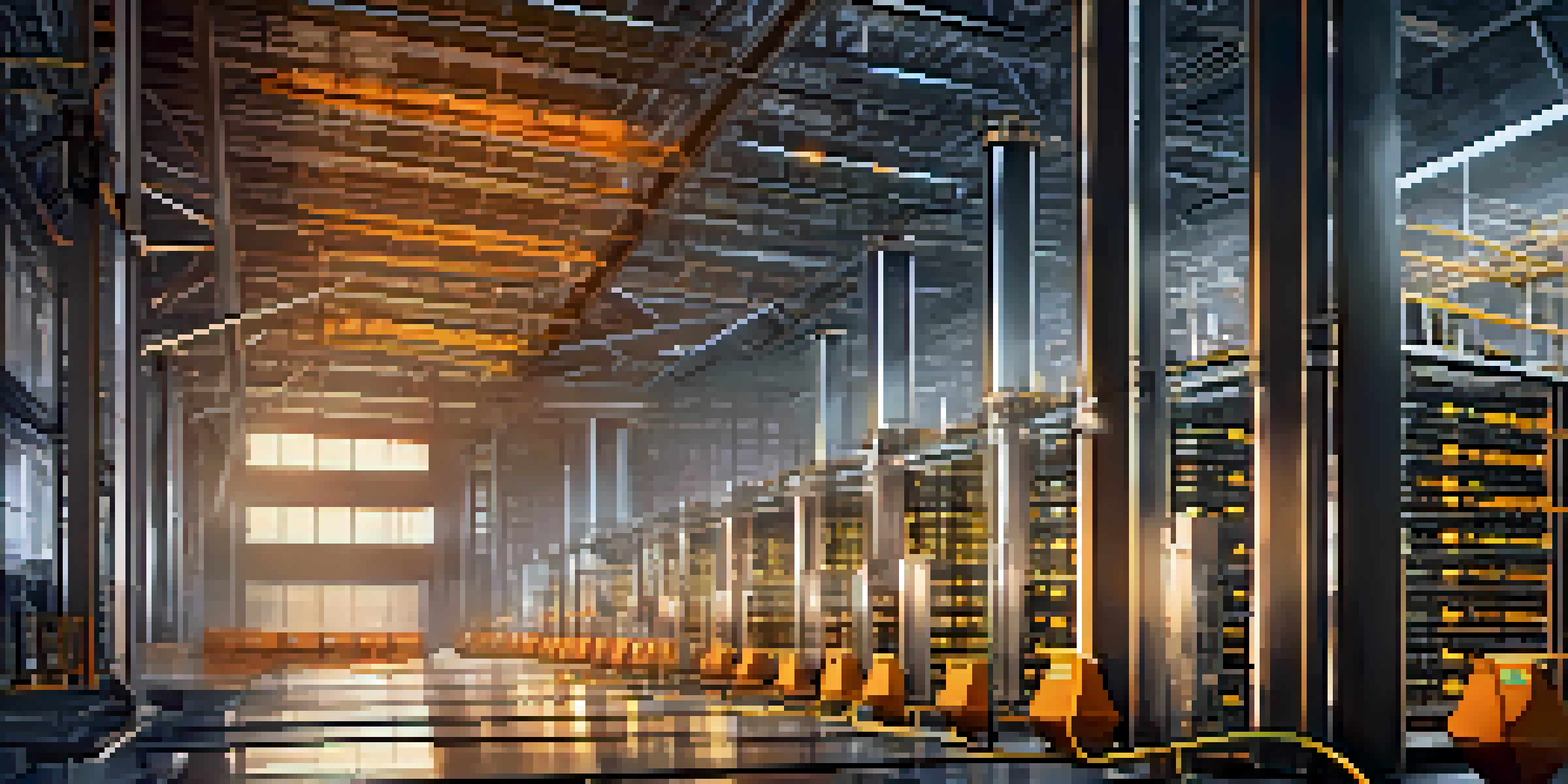 A Bitcoin mining facility filled with advanced mining rigs and illuminated by LED lights, with wind turbines and solar panels visible outside.