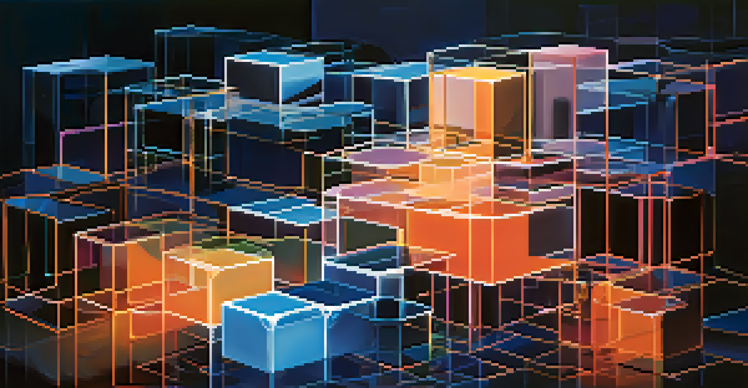 An abstract image of interconnected blocks representing blockchain technology, with glowing lights on a dark background.