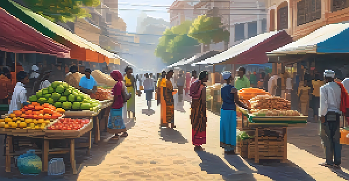 A lively street market with diverse individuals buying and selling goods, some using mobile devices to transact with Bitcoin, under warm sunlight.