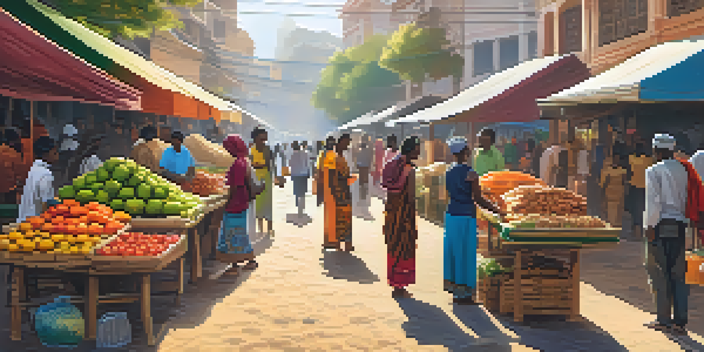 A lively street market with diverse individuals buying and selling goods, some using mobile devices to transact with Bitcoin, under warm sunlight.