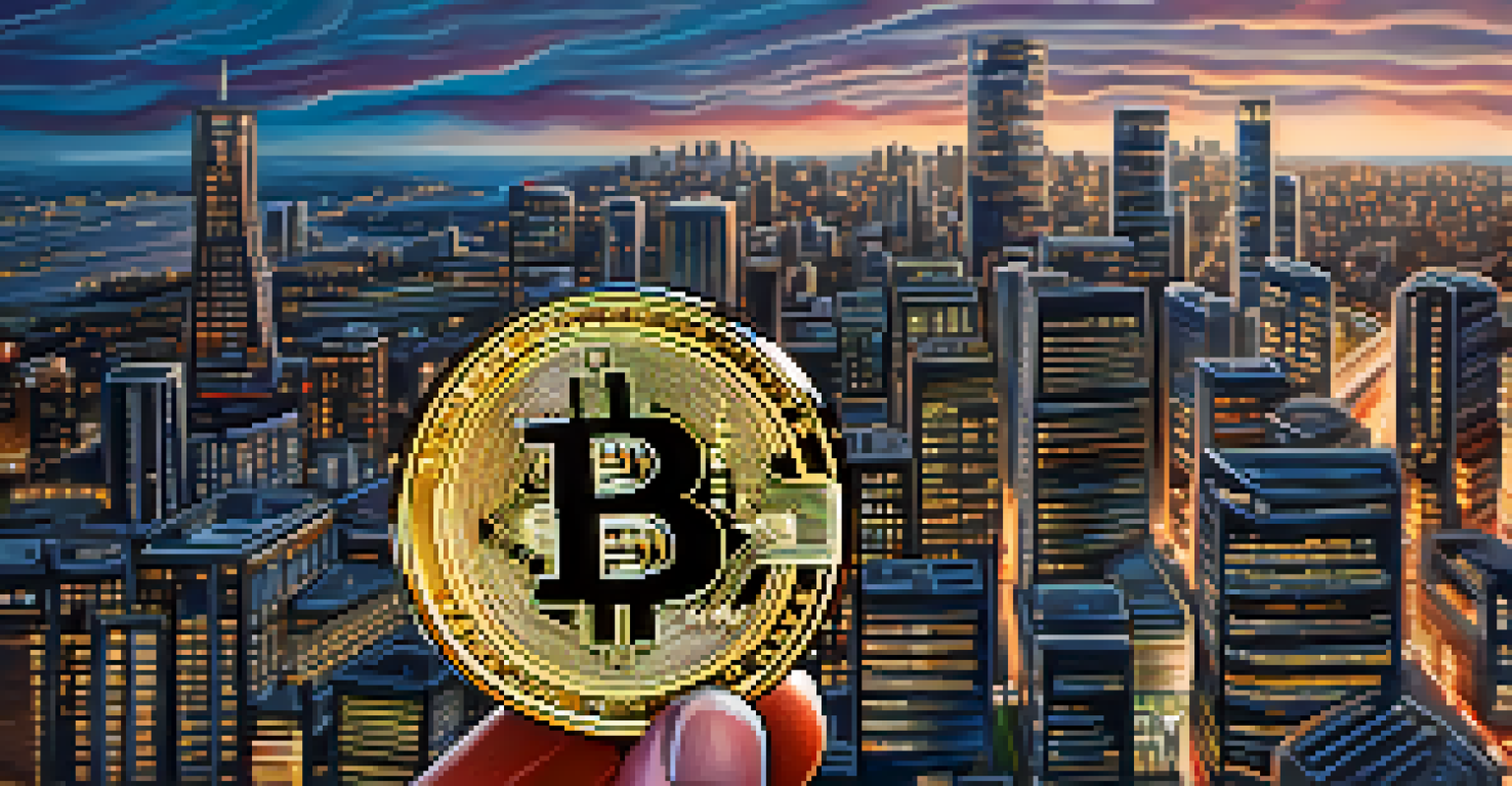 A hand holding a shiny Bitcoin coin in front of a blurred city background, showcasing modern life and cryptocurrency.