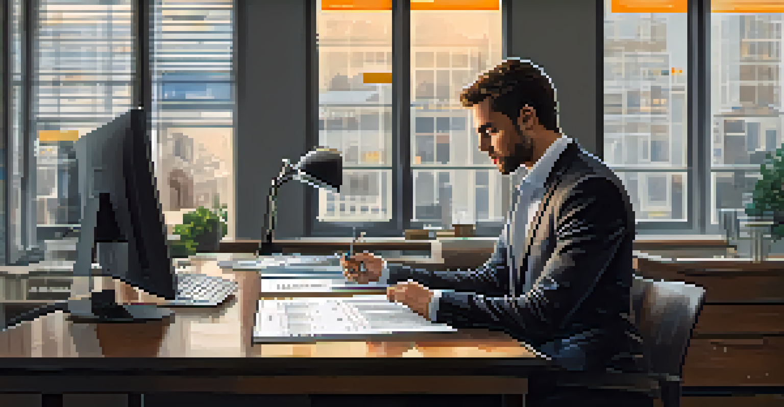 A business owner analyzing a spreadsheet of Bitcoin payment processors in a modern office setting.