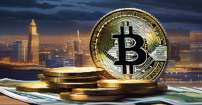 A Bitcoin coin on top of a stack of banknotes with a blurred cityscape in the background, illuminated by warm lighting.