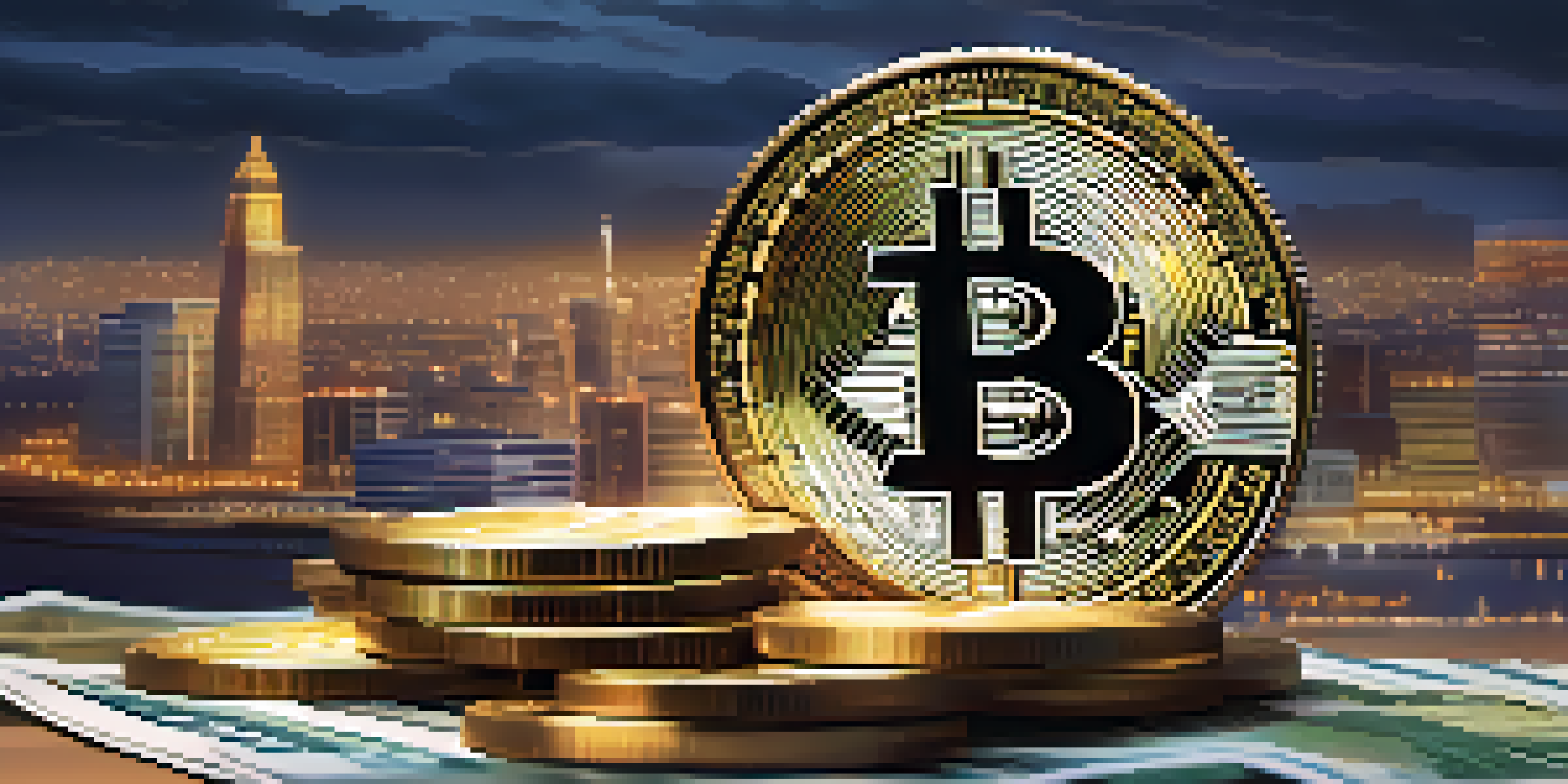 A Bitcoin coin on top of a stack of banknotes with a blurred cityscape in the background, illuminated by warm lighting.