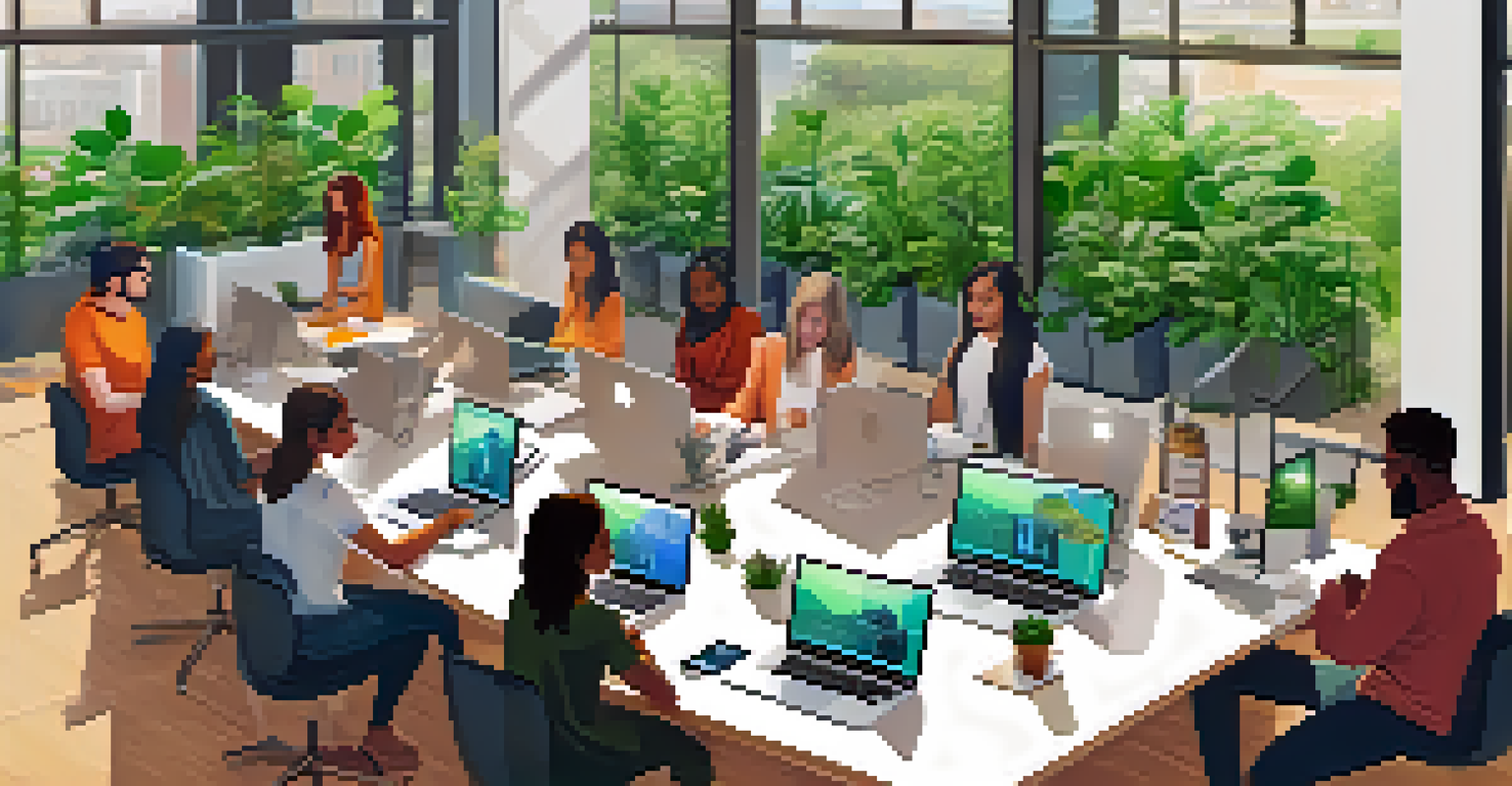 A diverse group of people collaborating on smart contracts in a bright workspace with Bitcoin transaction visuals.