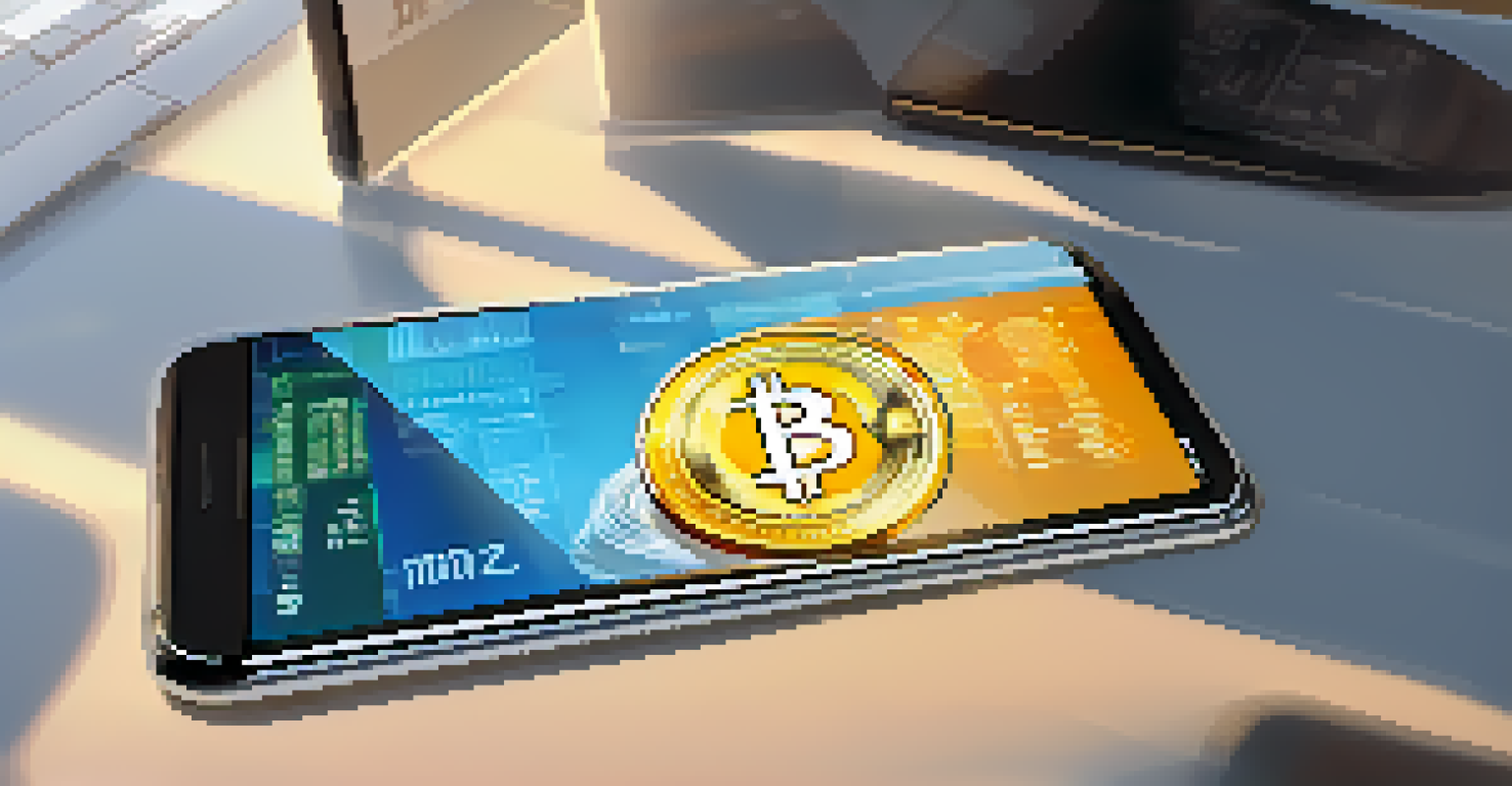 A smartphone showing a digital wallet with Bitcoin and other cryptocurrencies in a bright office setting.