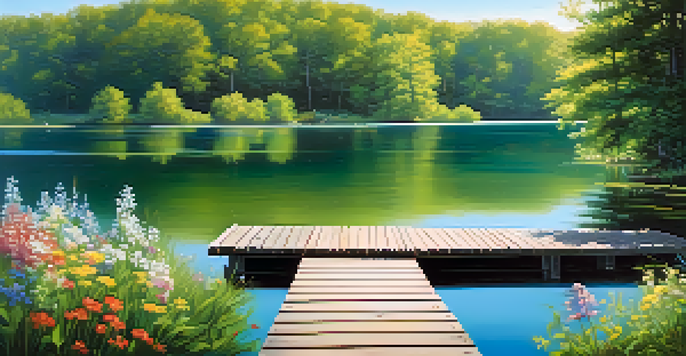 A peaceful lake scene with a dock and blooming wildflowers, surrounded by green trees and a clear sky.