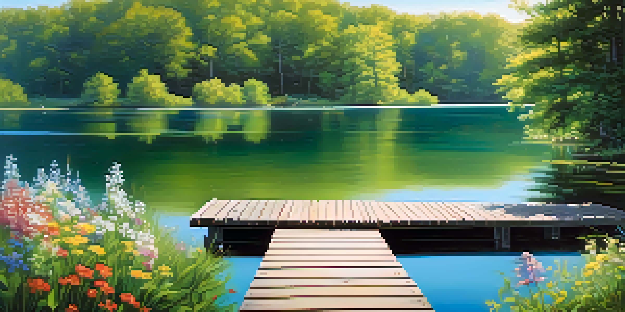 A peaceful lake scene with a dock and blooming wildflowers, surrounded by green trees and a clear sky.