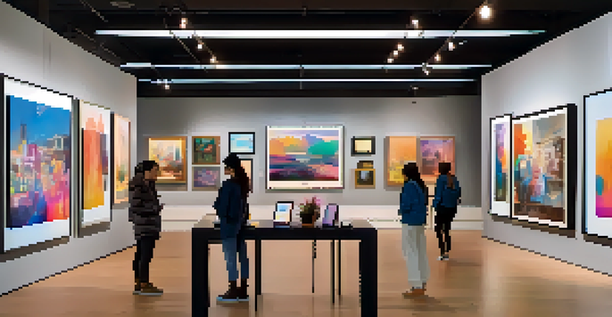 An art gallery featuring traditional paintings and digital screens showing NFTs, with visitors interacting with the art in a warmly lit environment.