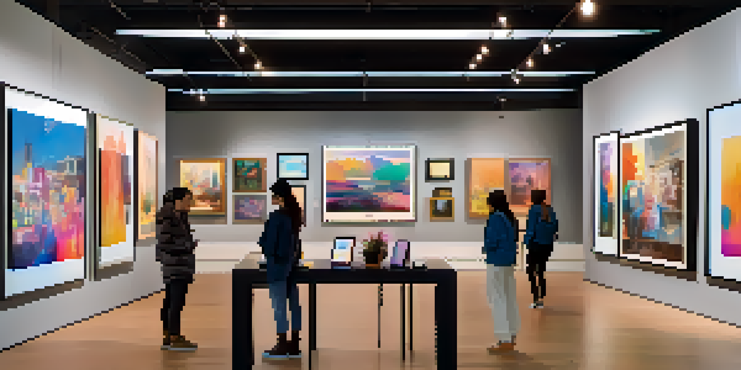 An art gallery featuring traditional paintings and digital screens showing NFTs, with visitors interacting with the art in a warmly lit environment.