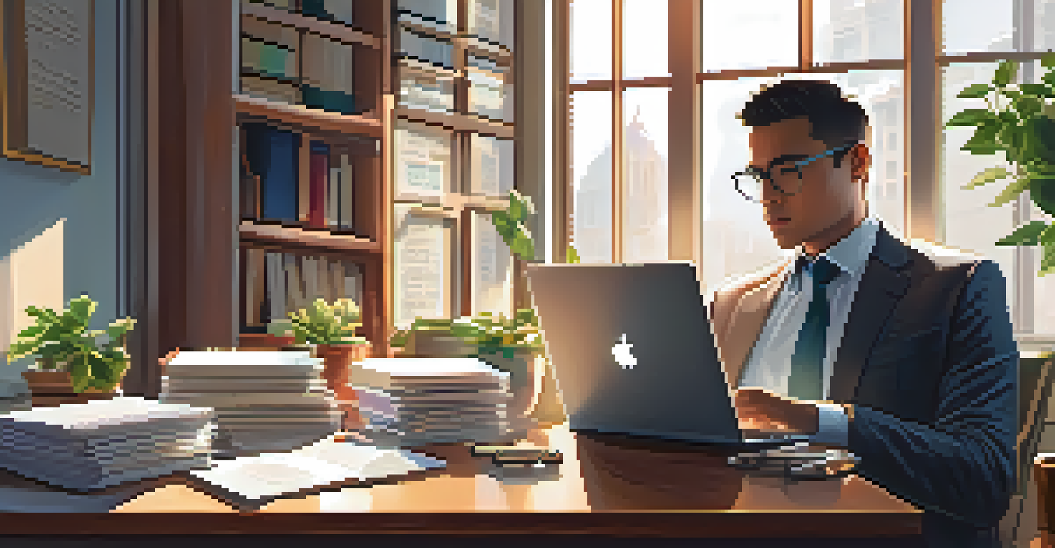 A person in an office analyzing Bitcoin charts on a laptop, with financial books and a notepad around.