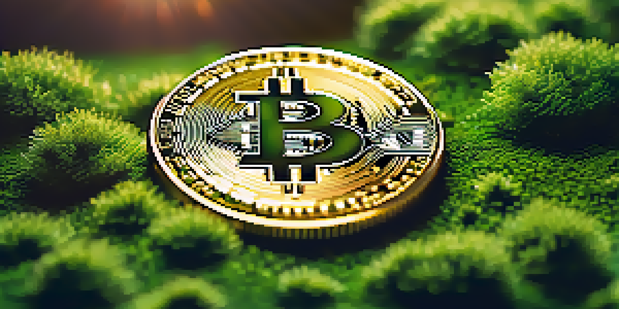 A Bitcoin coin on green moss with sunlight filtering through leaves, showcasing its intricate design.