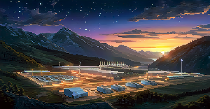 A Bitcoin mining facility in a mountainous landscape, illuminated by LED lights under a twilight sky with stars.