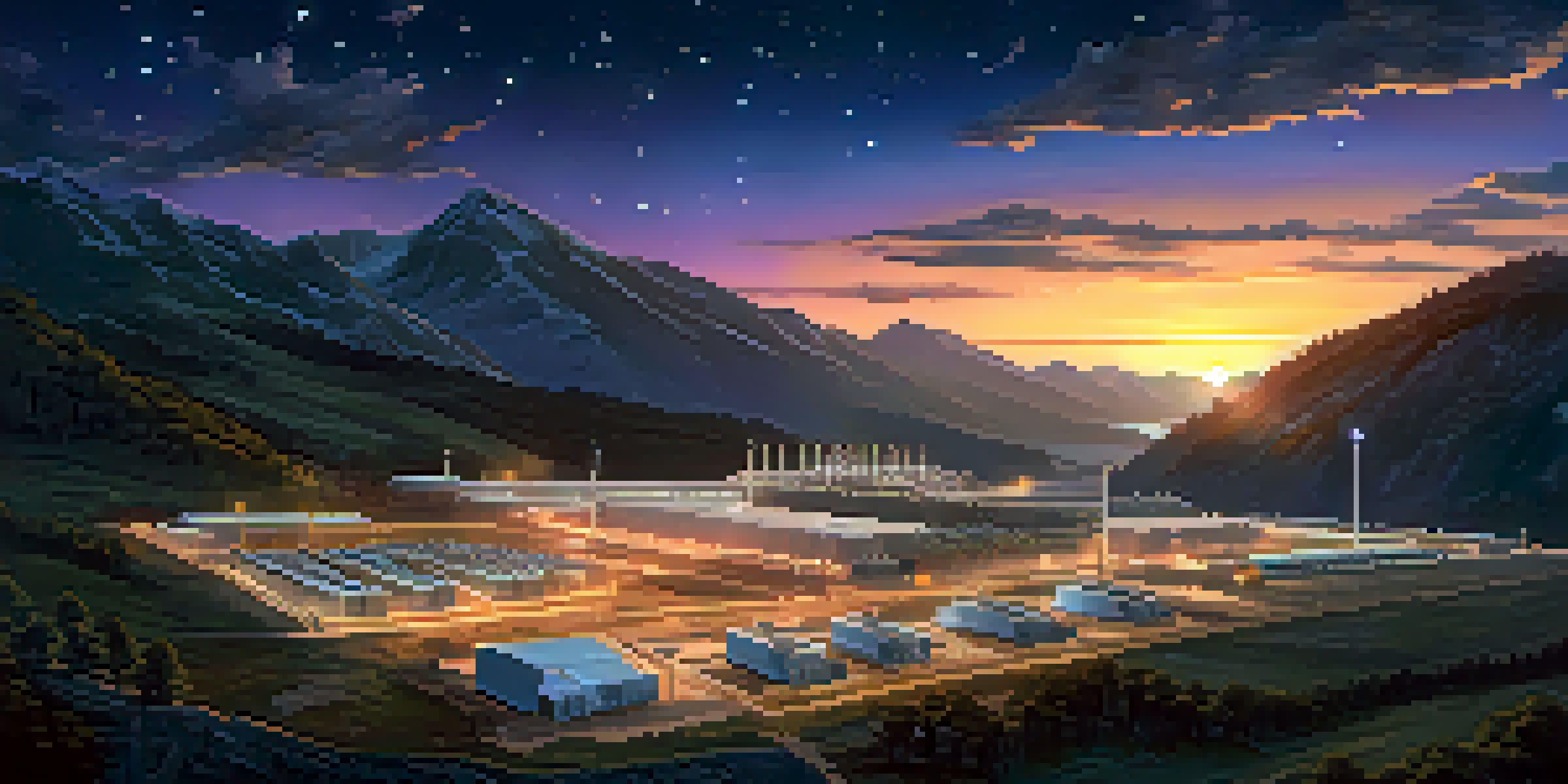 A Bitcoin mining facility in a mountainous landscape, illuminated by LED lights under a twilight sky with stars.