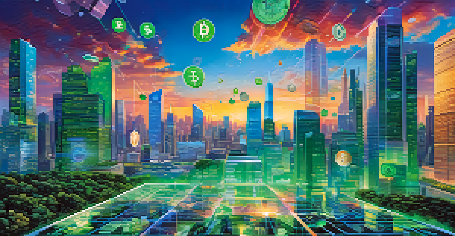 A futuristic cityscape with holographic displays of digital currencies, representing the rise of CBDCs.