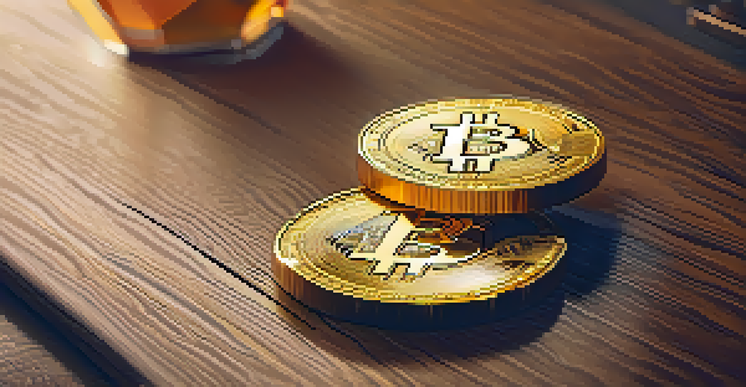 A gold bar and a Bitcoin coin side by side on a wooden table, showcasing their textures under soft lighting.