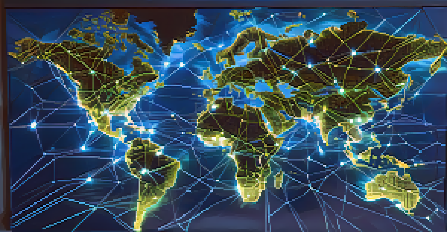 An abstract digital map representing global Bitcoin transactions with glowing connections.