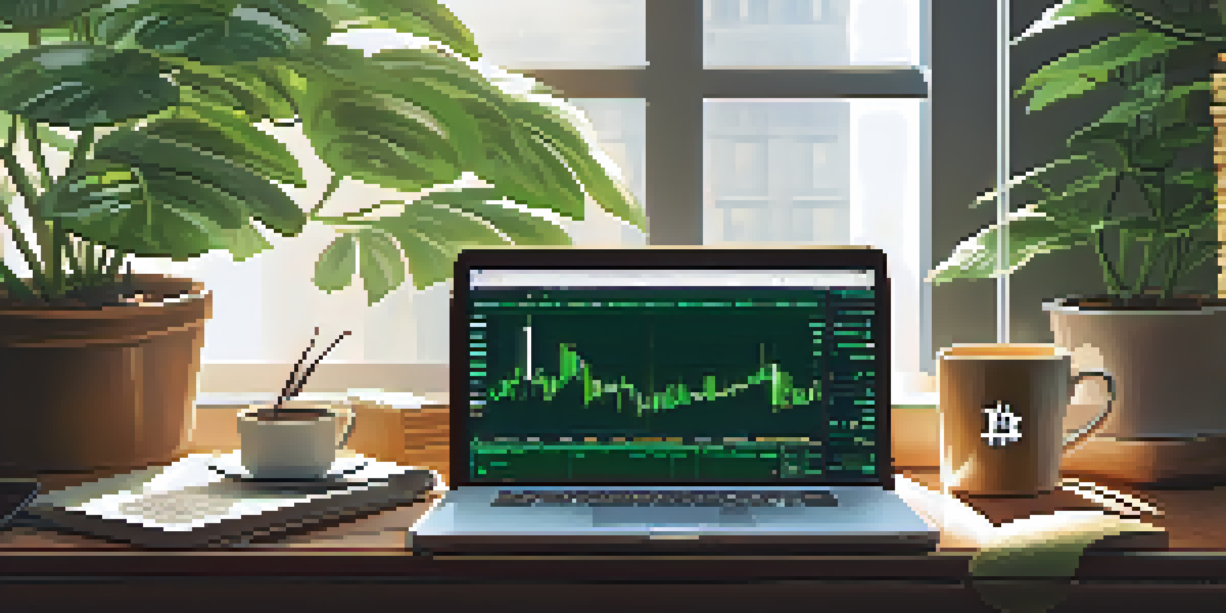 A tranquil trading desk with a laptop showing Bitcoin graphs, green plants, and a coffee cup under soft morning light.