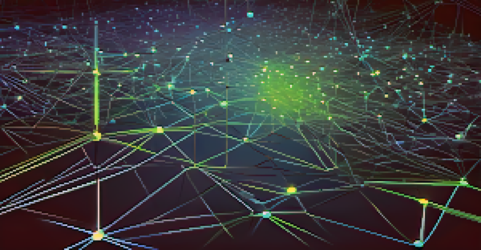 A close-up visualization of a blockchain network with glowing nodes and lines.