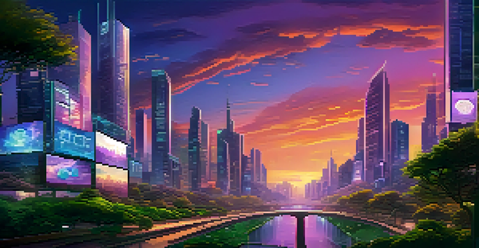 A futuristic city skyline at dusk with modern buildings and glowing cryptocurrency symbols on digital billboards.