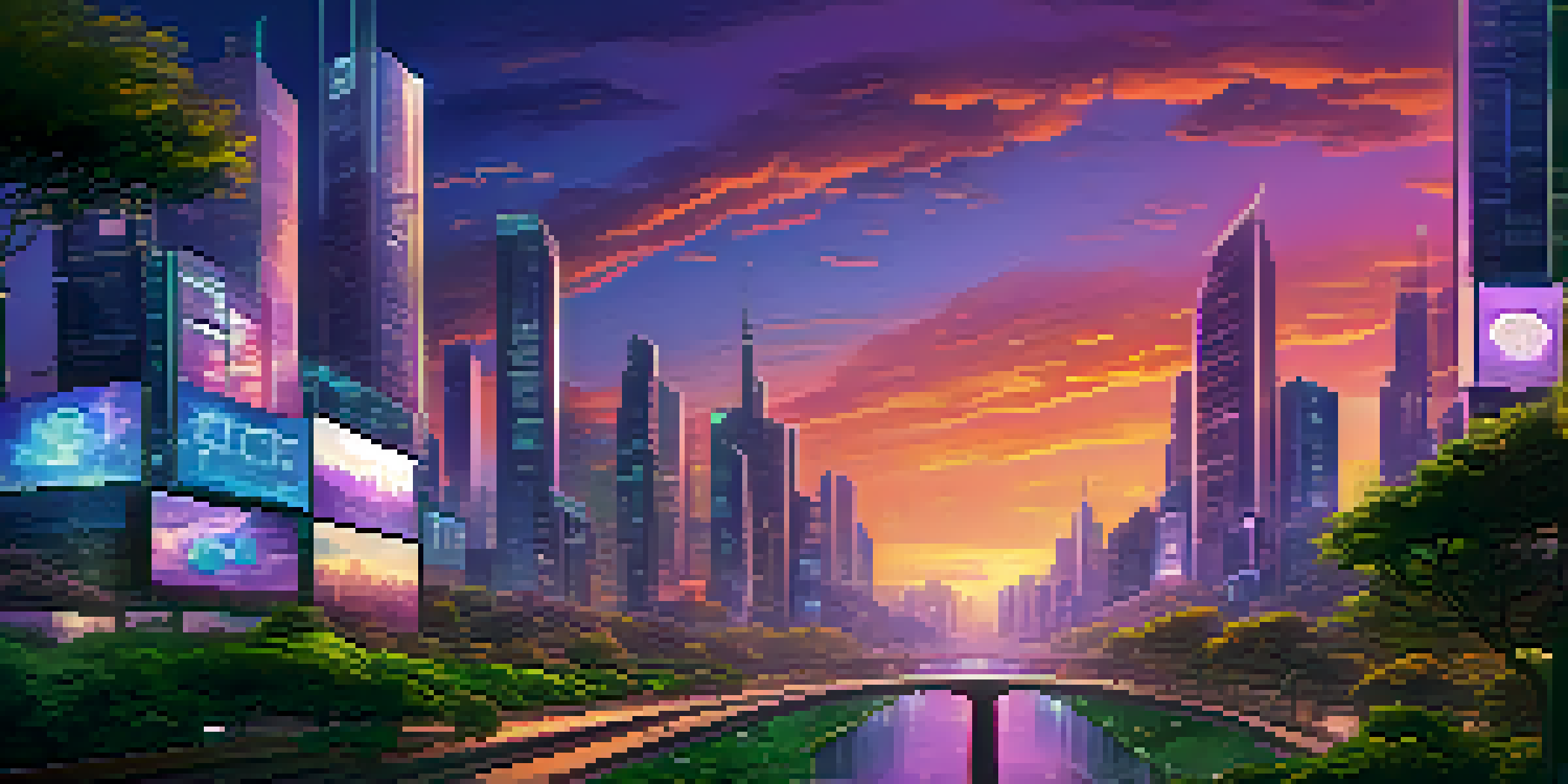 A futuristic city skyline at dusk with modern buildings and glowing cryptocurrency symbols on digital billboards.