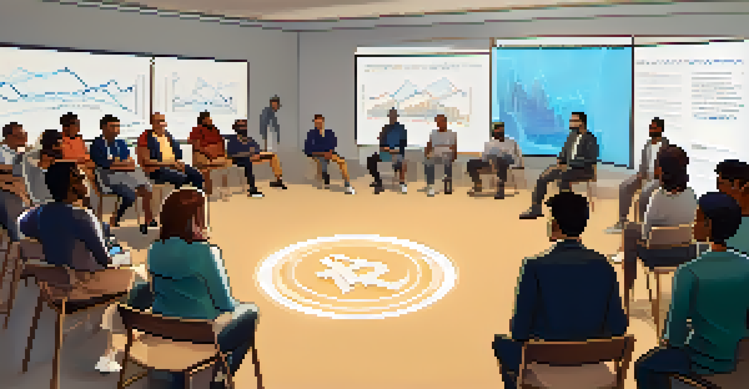 A diverse group of people in an educational workshop about cryptocurrency, with a speaker presenting information on a screen.