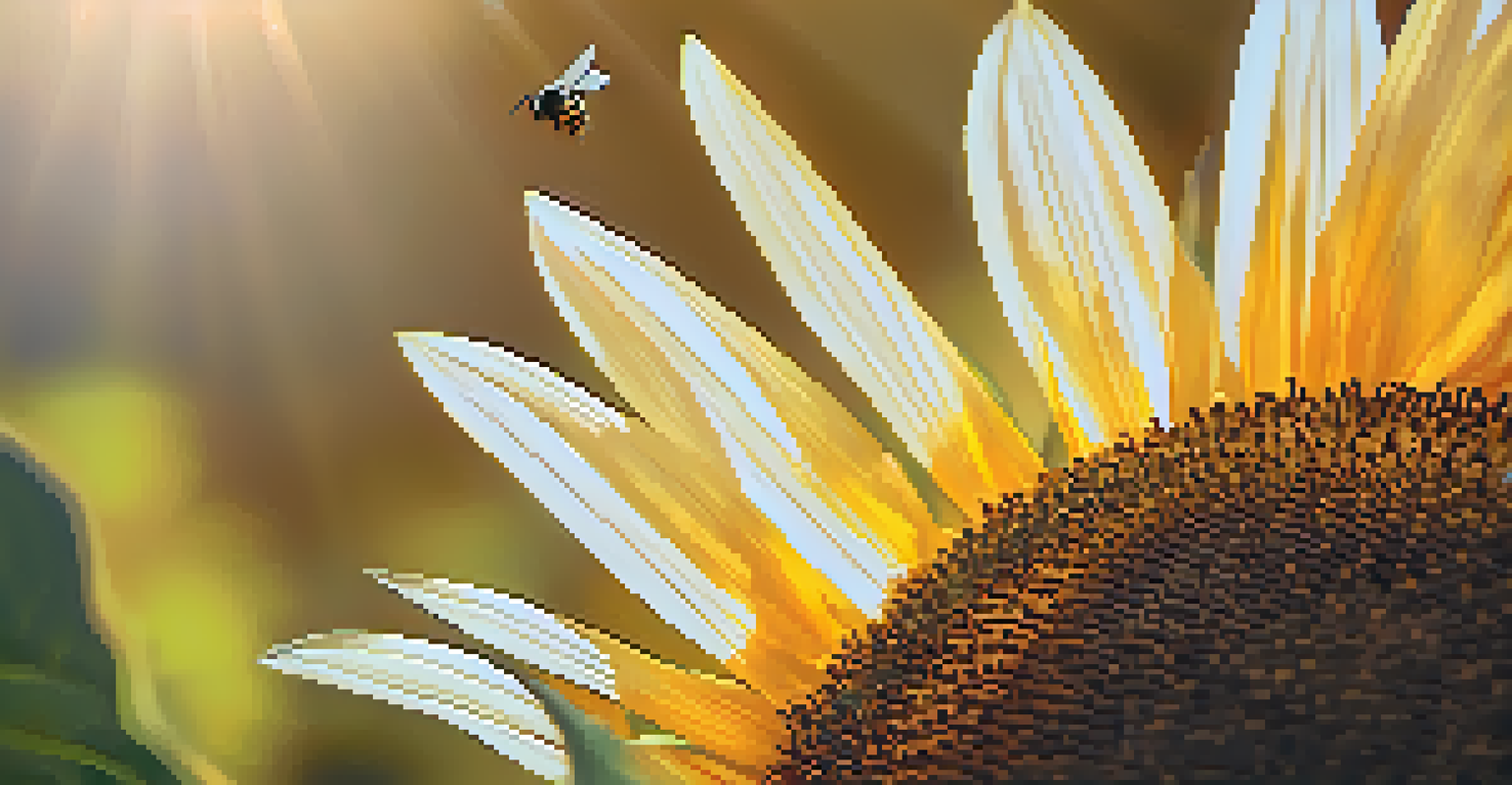 A close-up of a honeybee on a sunflower, with sunlight illuminating the petals and a soft-focus background.