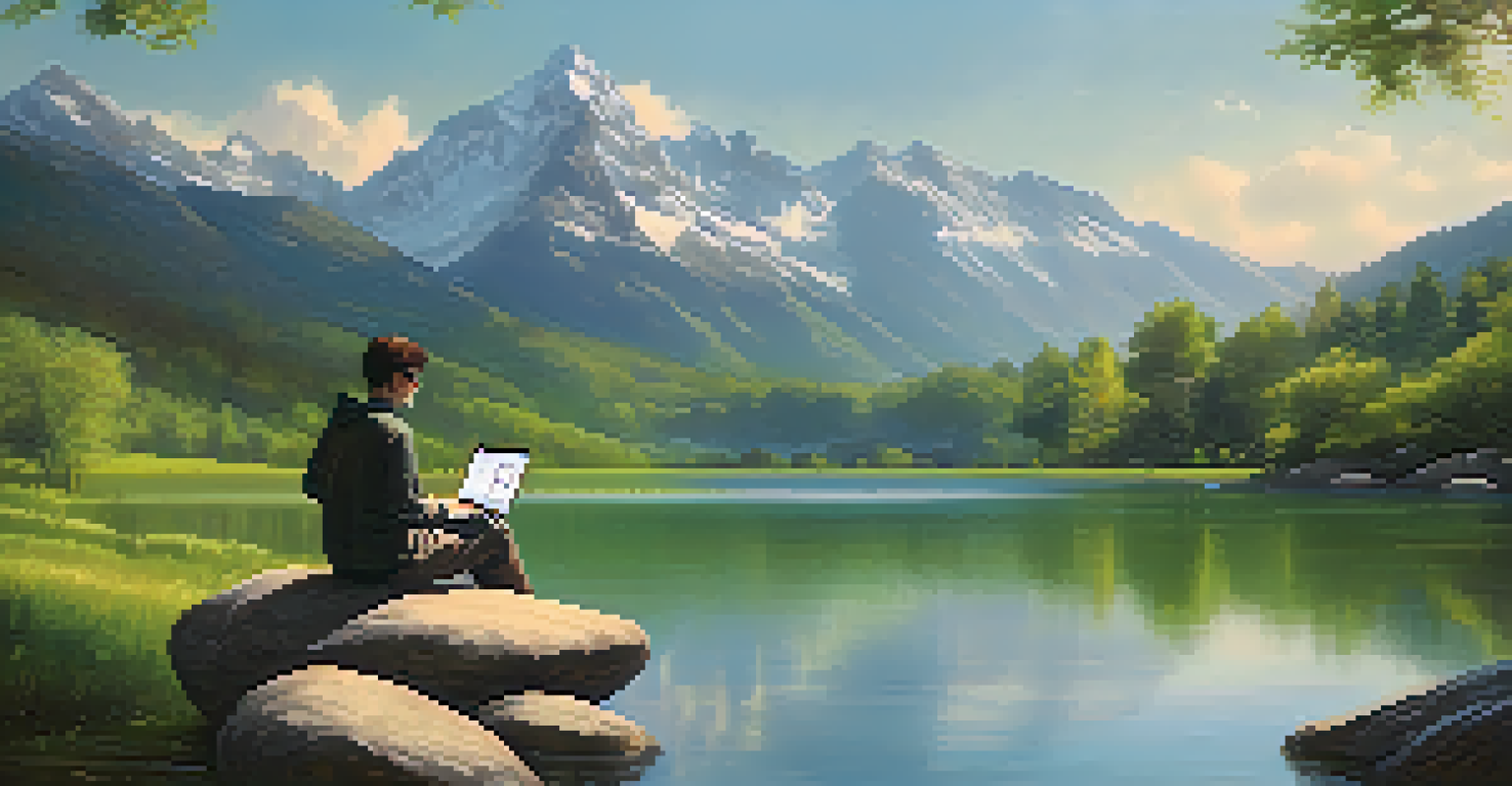 A person studying financial charts on a laptop by a calm lake surrounded by mountains.