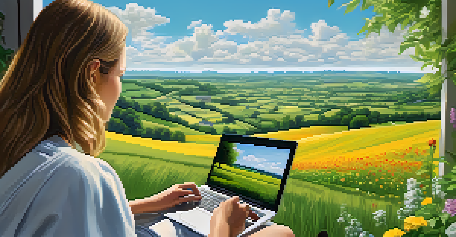 A person using a laptop in a rural setting with a village in the background, surrounded by greenery and flowers.