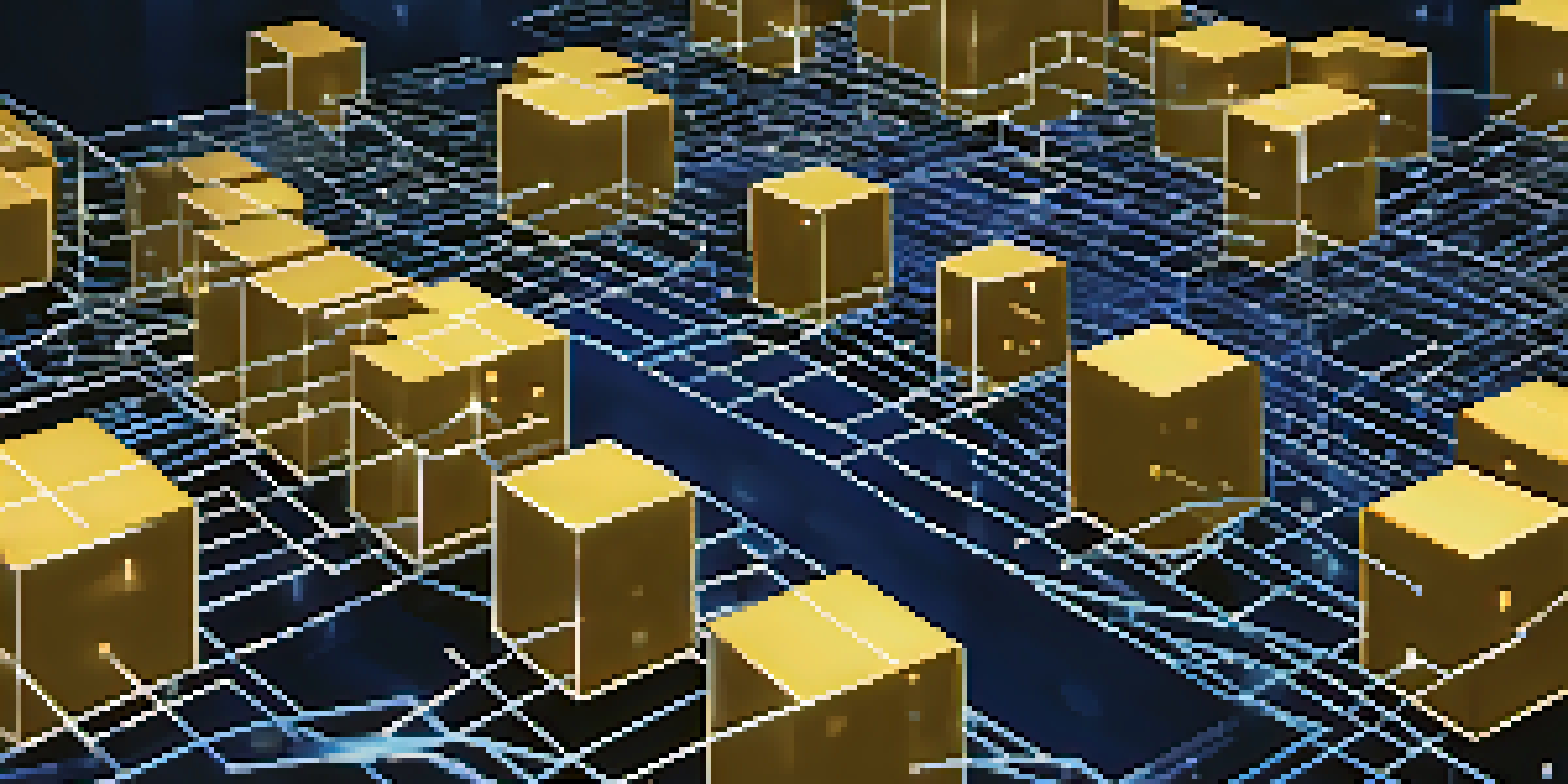 A digital representation of a blockchain network with interconnected glowing blocks and binary code on a dark blue background.