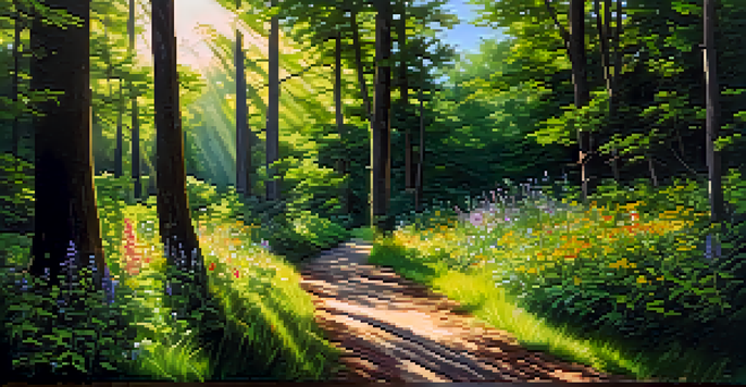A peaceful hiking trail with a fork in the road, surrounded by greenery and sunlight.