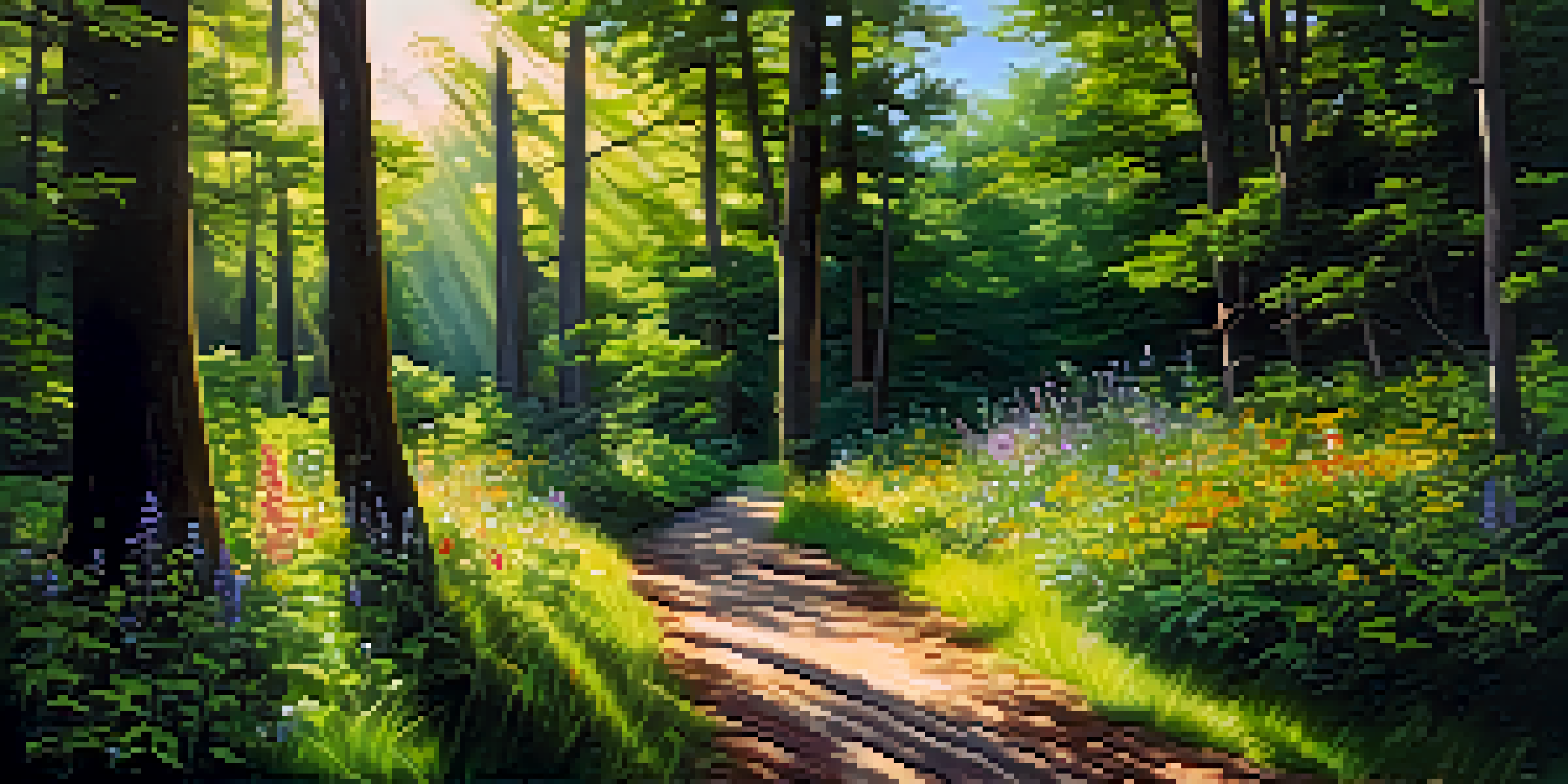 A peaceful hiking trail with a fork in the road, surrounded by greenery and sunlight.