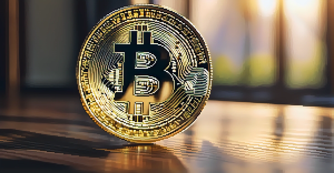 A close-up of a shiny gold Bitcoin coin on a wooden table with sunlight and blurred greenery in the background.