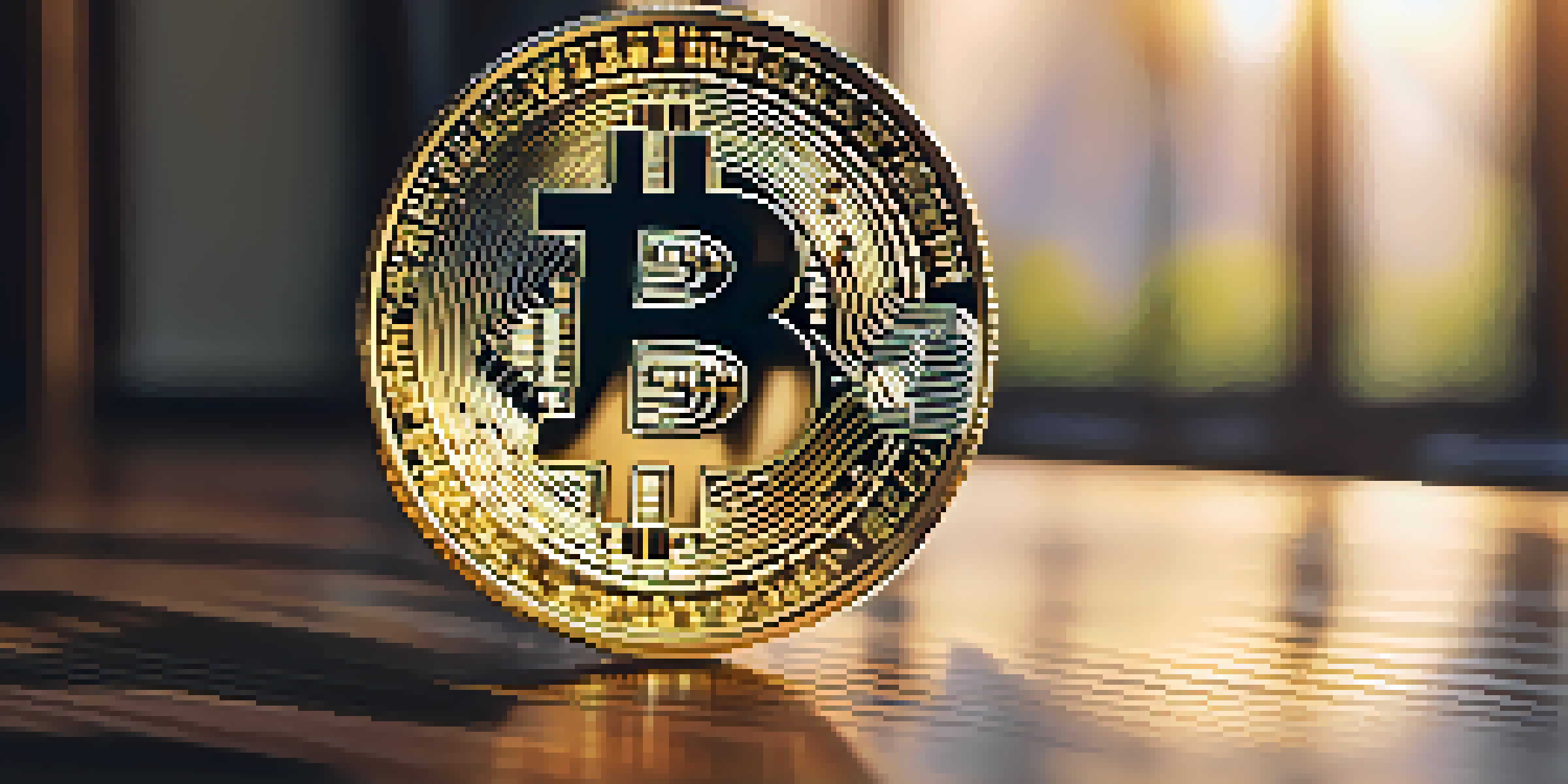 A close-up of a shiny gold Bitcoin coin on a wooden table with sunlight and blurred greenery in the background.
