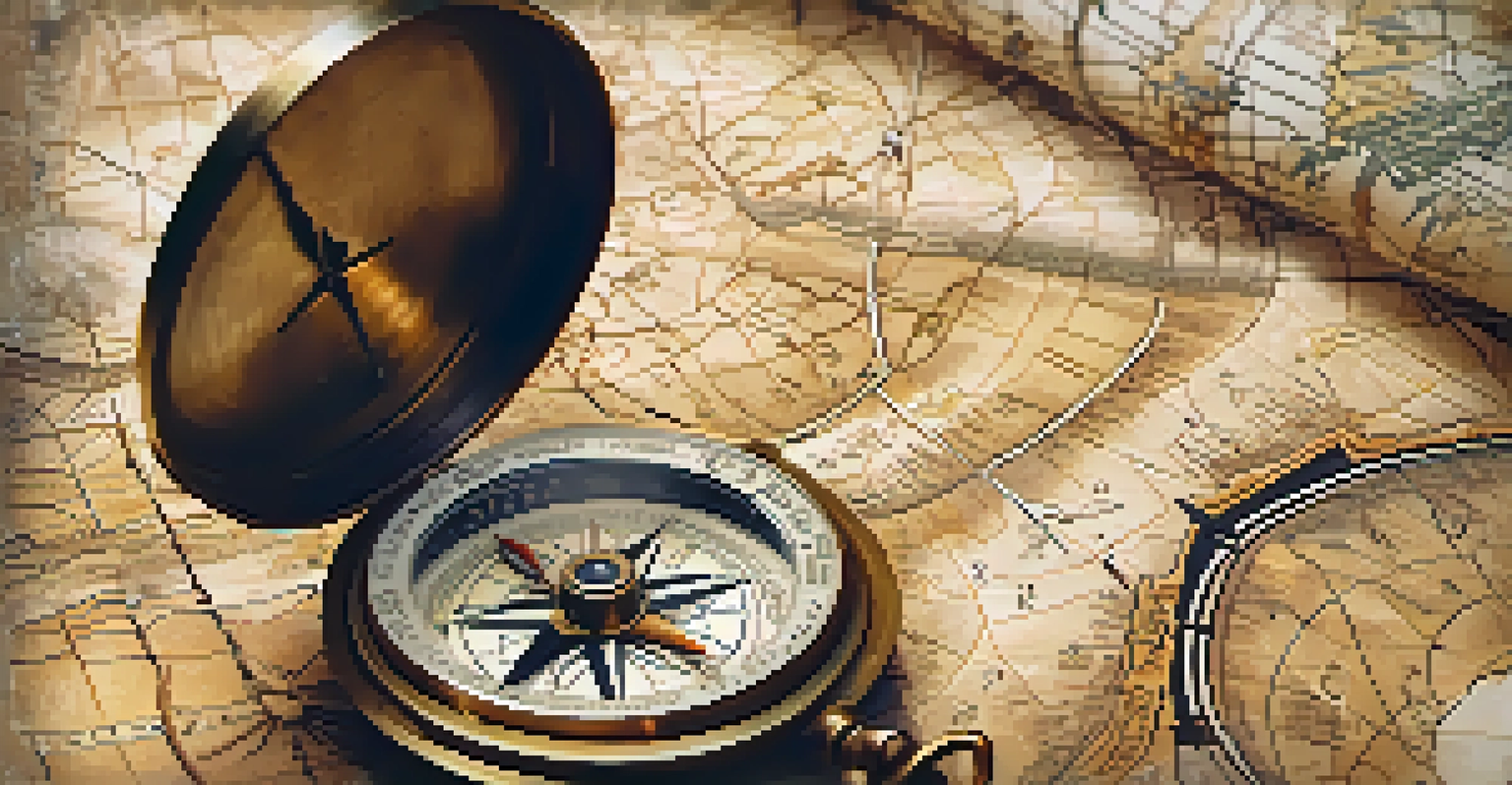 A vintage compass on an old map, illuminated by soft light, symbolizing exploration.