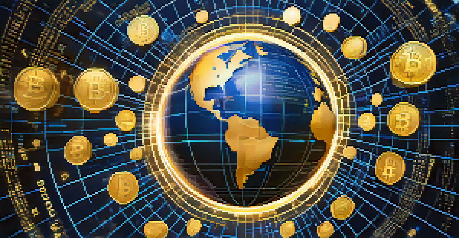 A globe surrounded by cryptocurrency symbols and regulatory documents, with a digital grid pattern background.