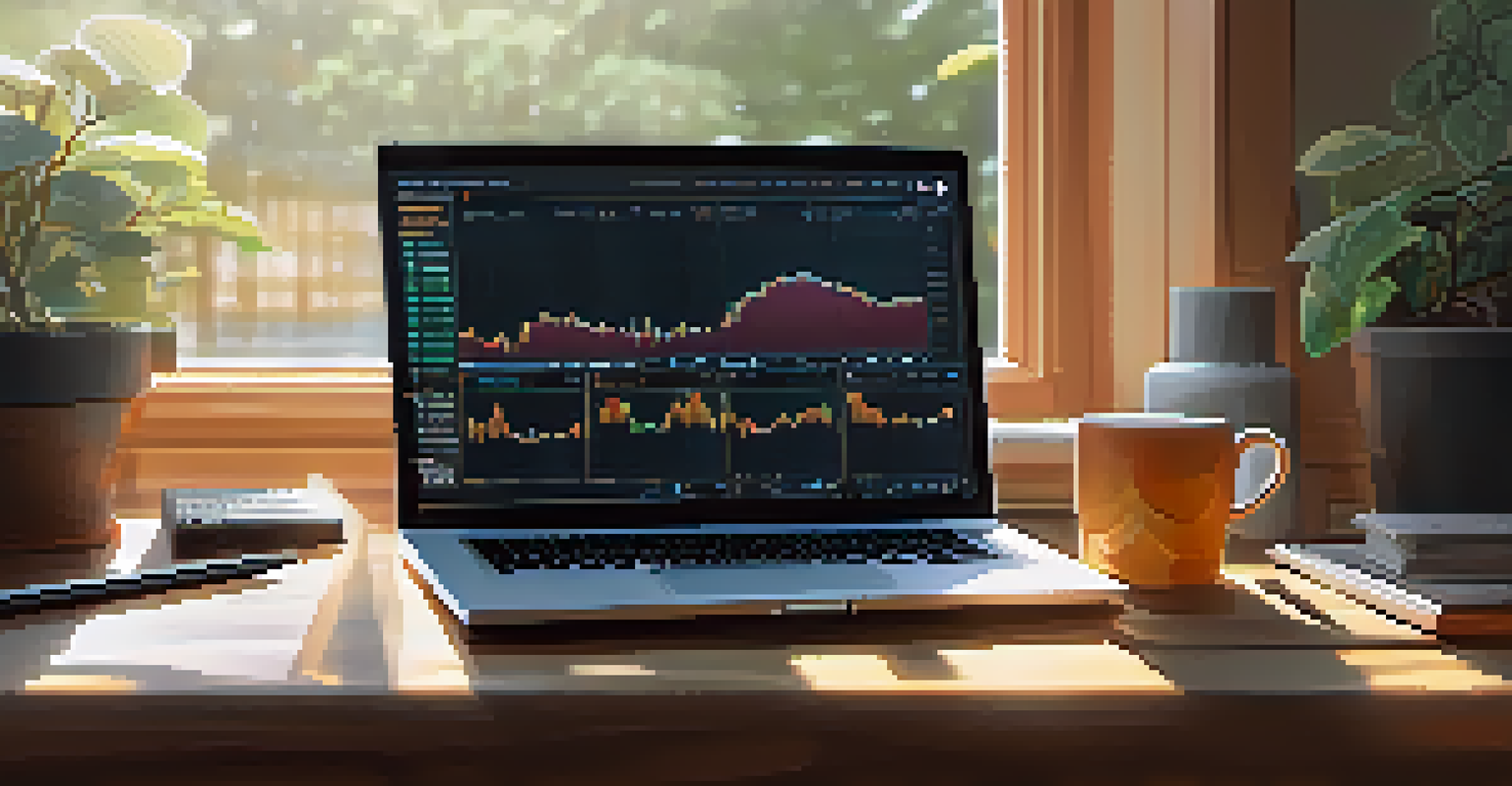 A cozy workspace with a laptop showing cryptocurrency graphs, a notepad with trading notes, and a coffee cup, illuminated by warm natural light.