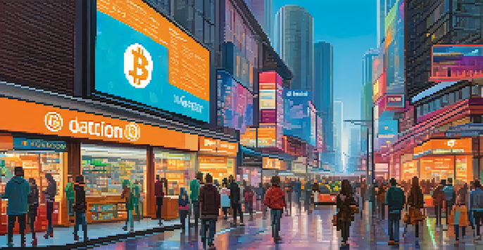 A lively city street filled with shops showcasing Bitcoin payment options, with people engaging and bright digital screens.