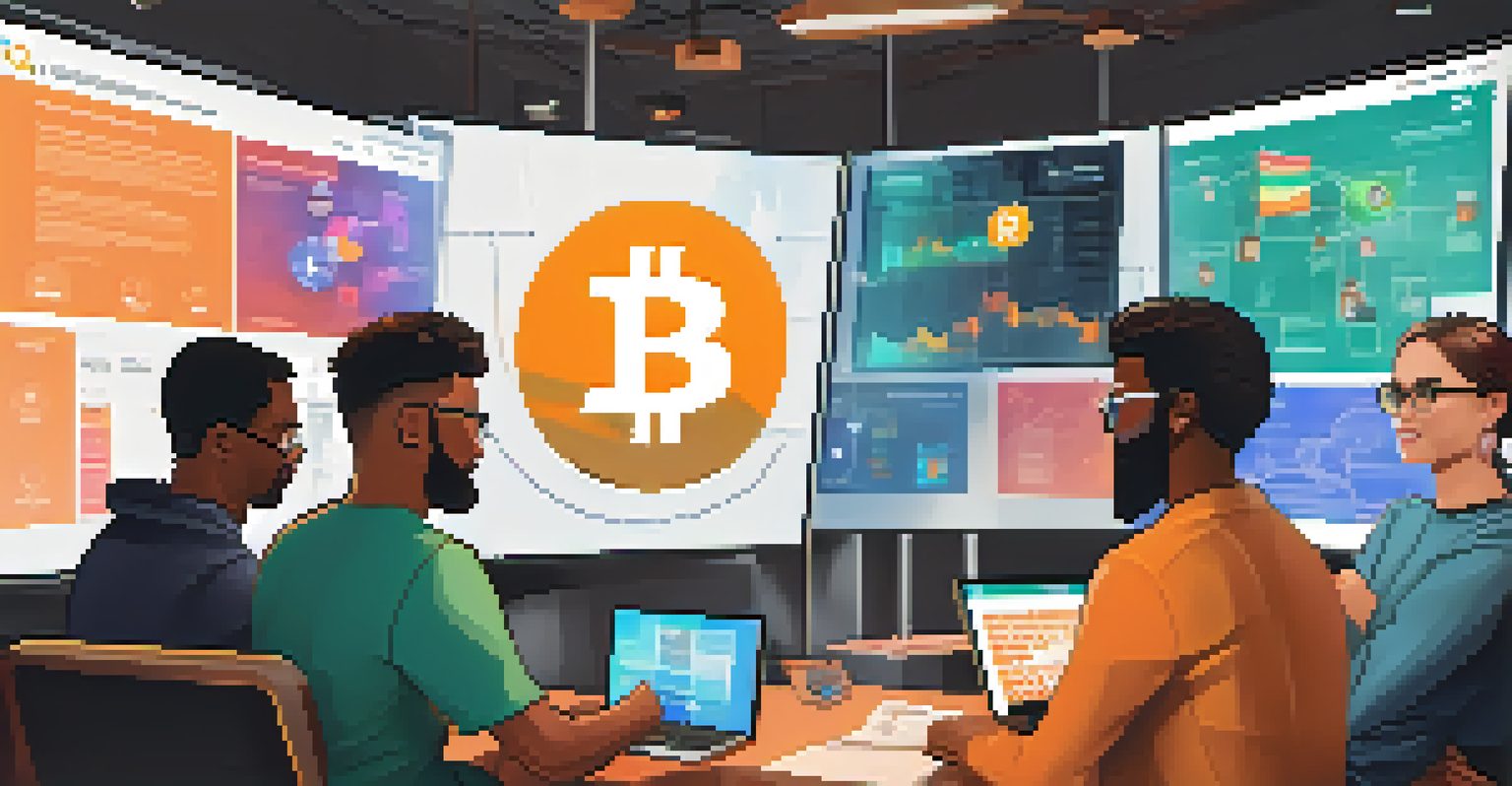 A diverse group of freelancers collaborating on a video call with Bitcoin and currency symbols on screens.