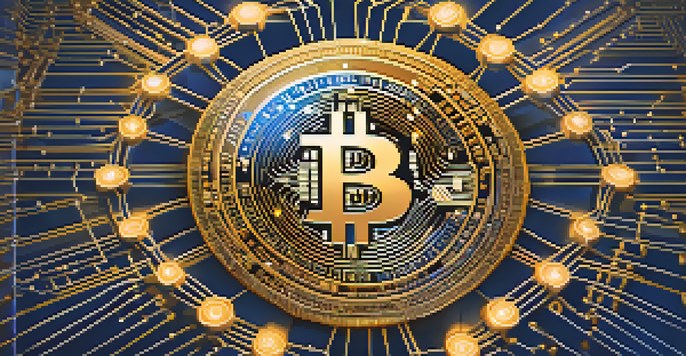 A glowing golden Bitcoin symbol surrounded by interconnected blockchain nodes in a digital landscape with a deep blue background.