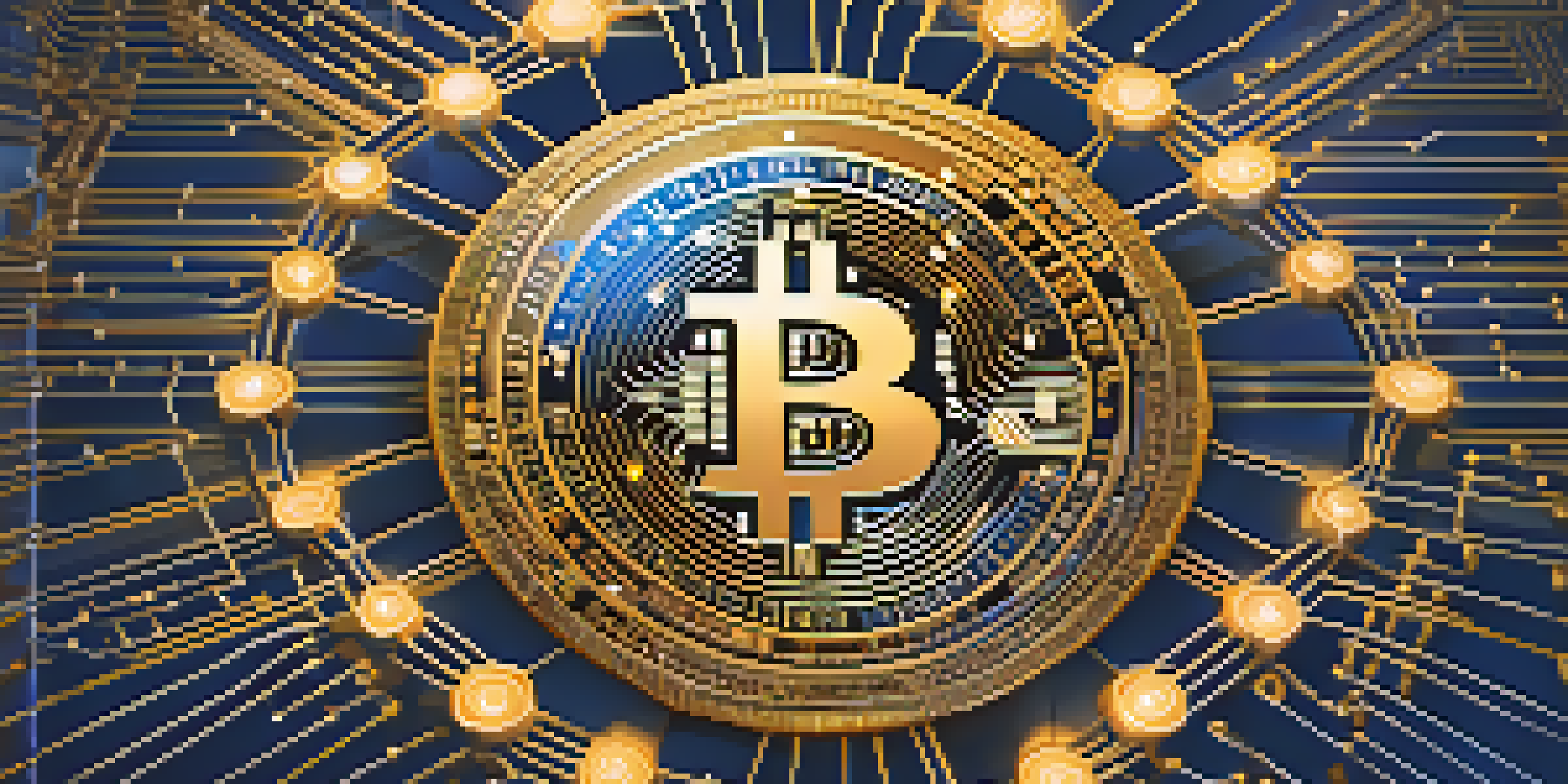 A glowing golden Bitcoin symbol surrounded by interconnected blockchain nodes in a digital landscape with a deep blue background.